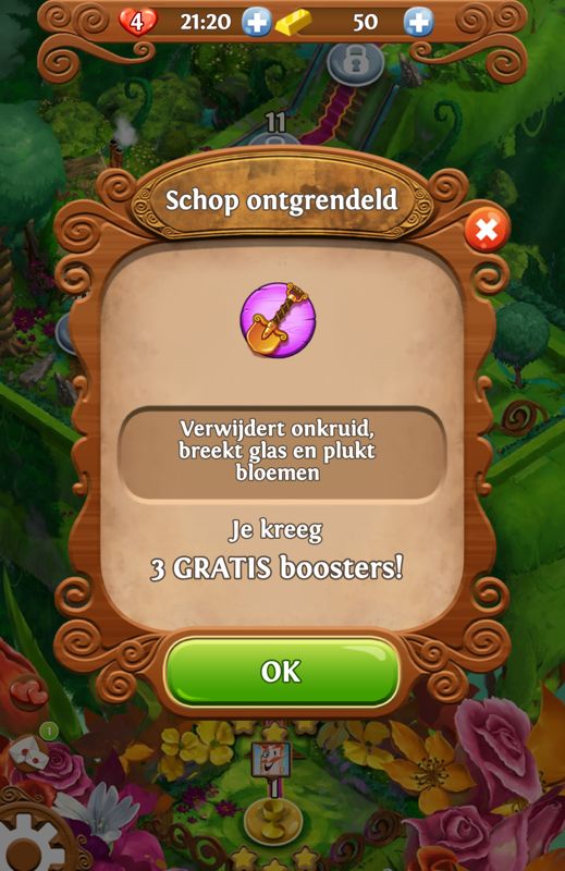 Blossom Blast Saga (Android) screenshot: The shovel has been unlocked as a booster (Dutch version).
