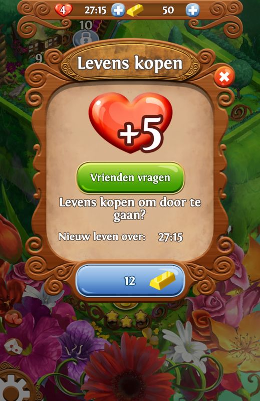 Blossom Blast Saga (Android) screenshot: You can buy additional lives or use the Facebook connection to ask friends (Dutch version).
