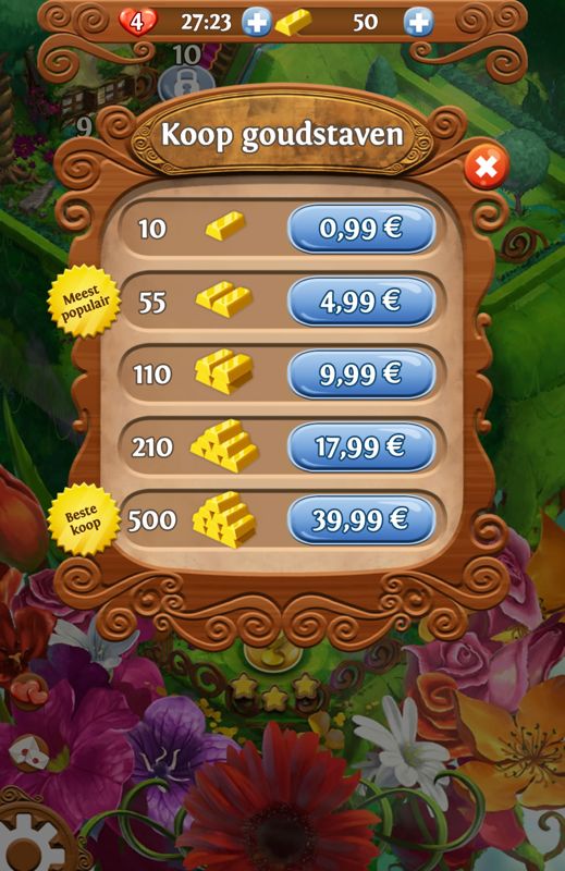 Blossom Blast Saga (Android) screenshot: In-app purchases for additional gold (Dutch version)