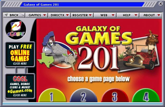 Galaxy of Games 201 (Windows) screenshot: The main screen of eGame's Game Butler for this game, the tabs that access the game groups are at the bottom of the screen