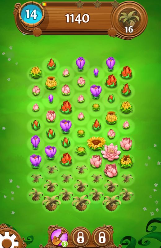 Blossom Blast Saga (Android) screenshot: From level 21 weeds are introduced. You need to get rid of them with a limited amount of moves by creating (explosive) matches next to them.