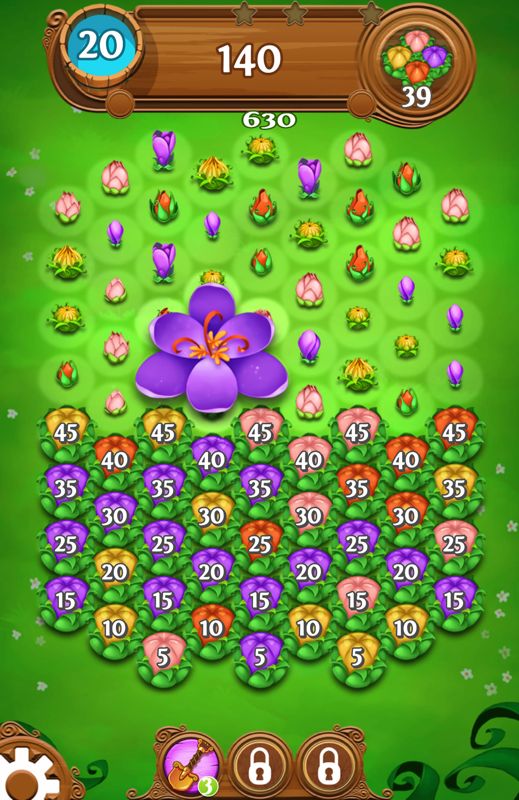 Blossom Blast Saga (Android) screenshot: This level has a lot of big buds, but a single chain reaction can clear the entire screen.