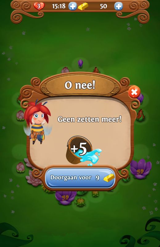 Blossom Blast Saga (Android) screenshot: No more moves, but you can buy additional ones with gold (Dutch version).