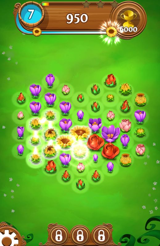 Blossom Blast Saga (Android) screenshot: This is what you see while tapping and dragging before releasing. The meter near the top of the screen is filled entirely, so an explosion will occur.