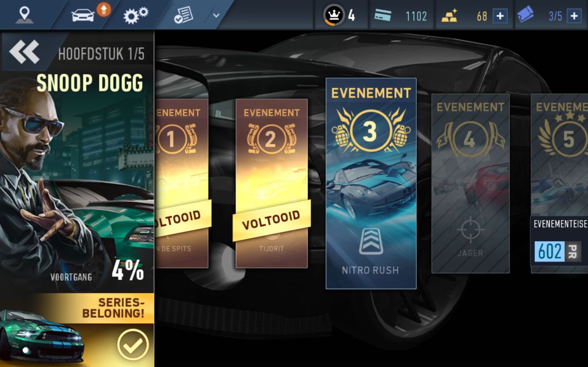 Need for Speed: No Limits (Android) screenshot: Events often consist of multiple races (Dutch version).