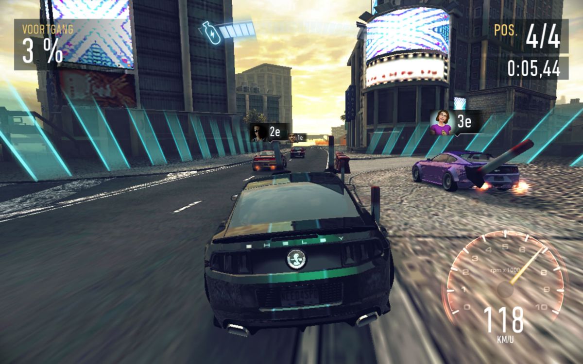 Need for Speed: No Limits (Android) screenshot: Racing a Ford Shelby GT500 (Dutch version).