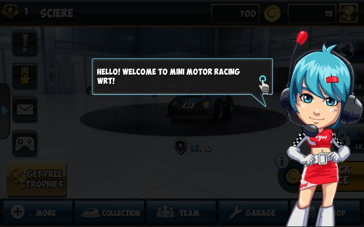Mini Motor Racing WRT (Android) screenshot: This character helps you through the early stages of the game.