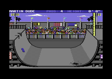 Skate or Die (Commodore 64) screenshot: Not quite managing the high jump