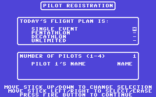 Acrojet (Commodore 64) screenshot: Pilot Registration