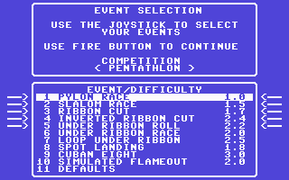 Acrojet (Commodore 64) screenshot: Event Selection