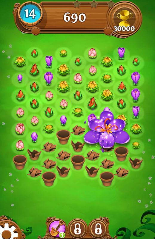 Blossom Blast Saga (Android) screenshot: This level has pots you need to break by creating (explosive) matches next to them.