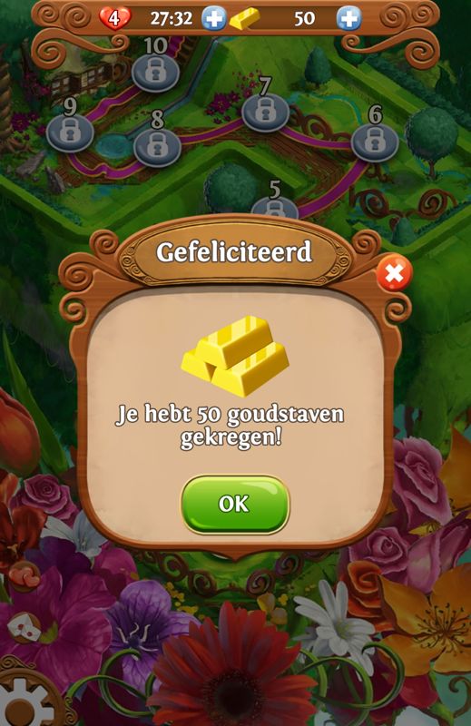 Blossom Blast Saga (Android) screenshot: A free and one time gift of gold (Dutch version)