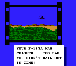 F-117A Stealth Fighter (NES) screenshot: Crashing and burning