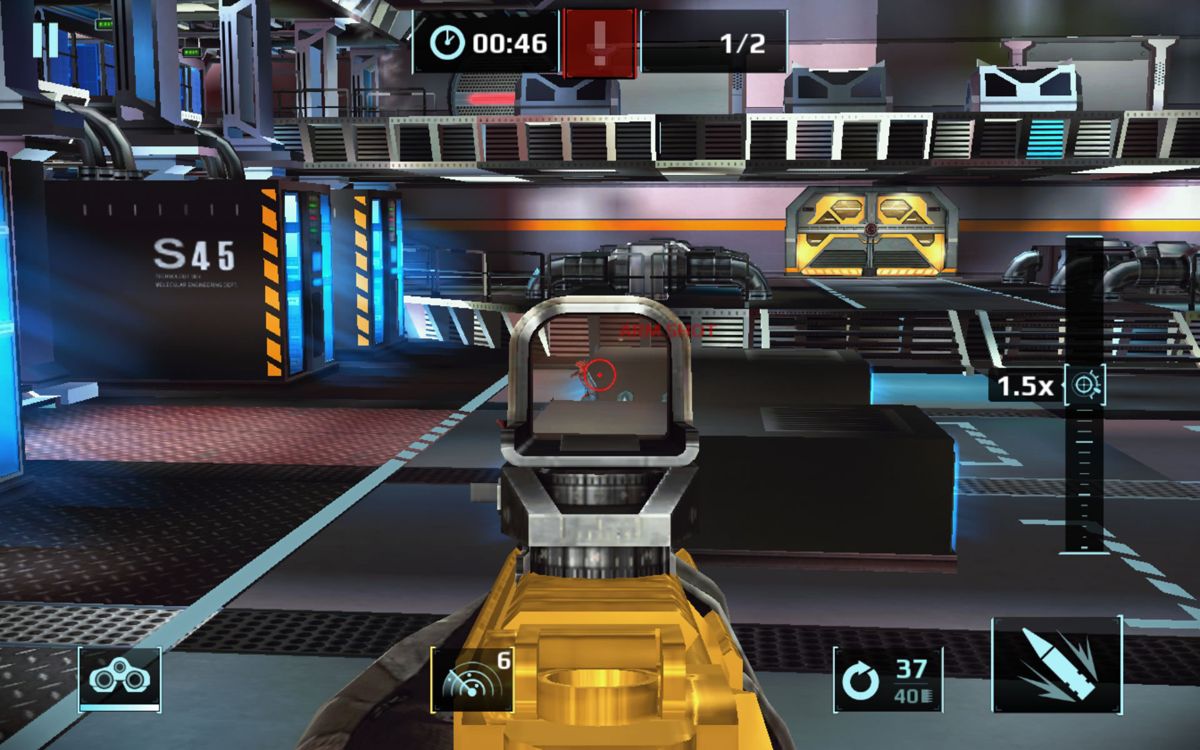 Sniper Fury (Android) screenshot: Invading a base: only 46 seconds left.