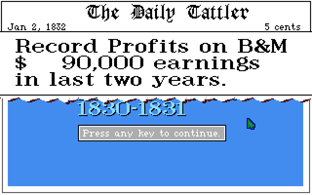 Sid Meier's Railroad Tycoon (Amiga) screenshot: Record profits announced