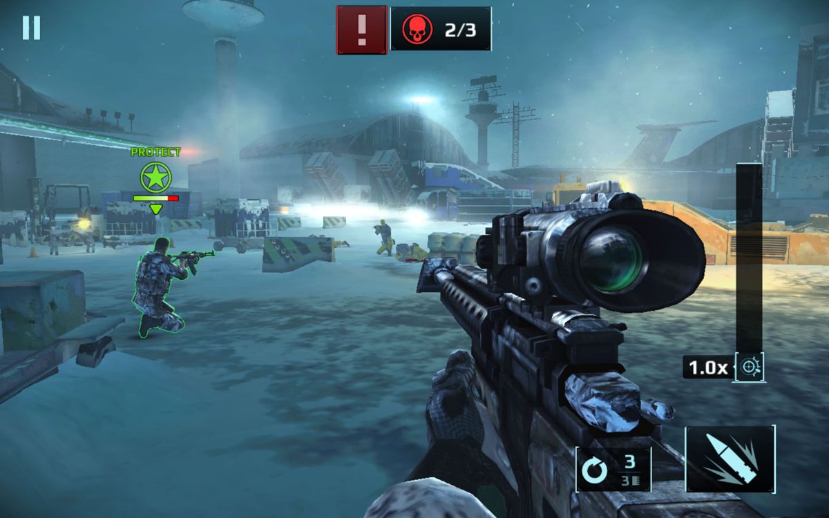 Sniper Fury (Android) screenshot: During some missions you get an AI companion.