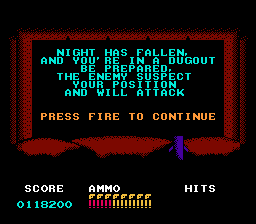Platoon (NES) screenshot: After leaving the tunnels, you find yourself in a dugout at night.