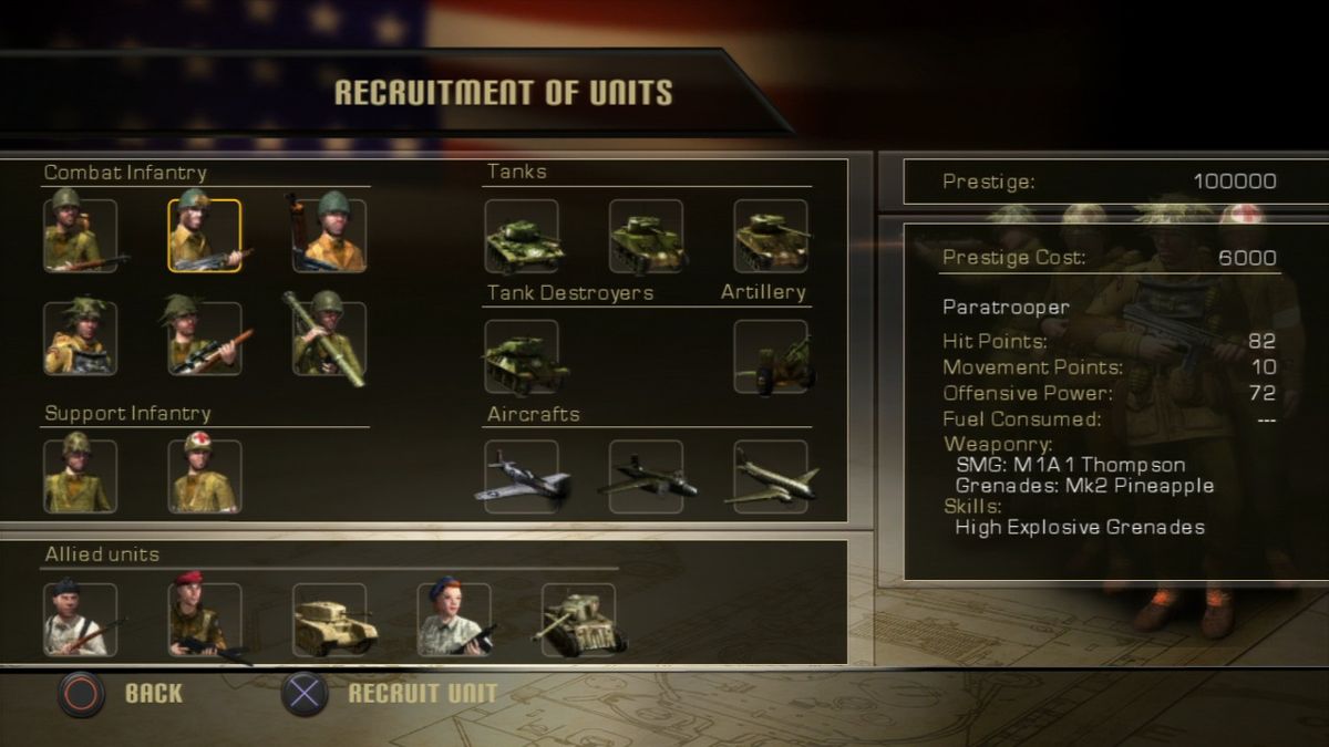 History Legends of War: Patton (PlayStation 3) screenshot: Earned prestige points are used to recruit new units
