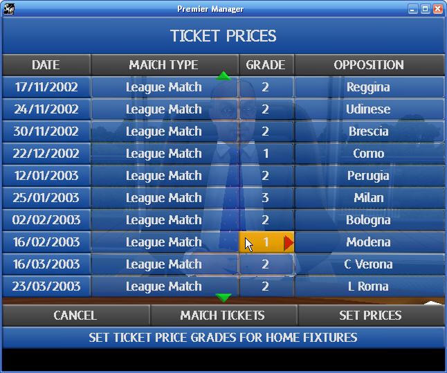 Premier Manager: 2002/2003 Season (Windows) screenshot: Setting ticket prices.