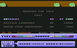 5th Gear (Commodore 64) screenshot: Stopped of at the weapons shop
