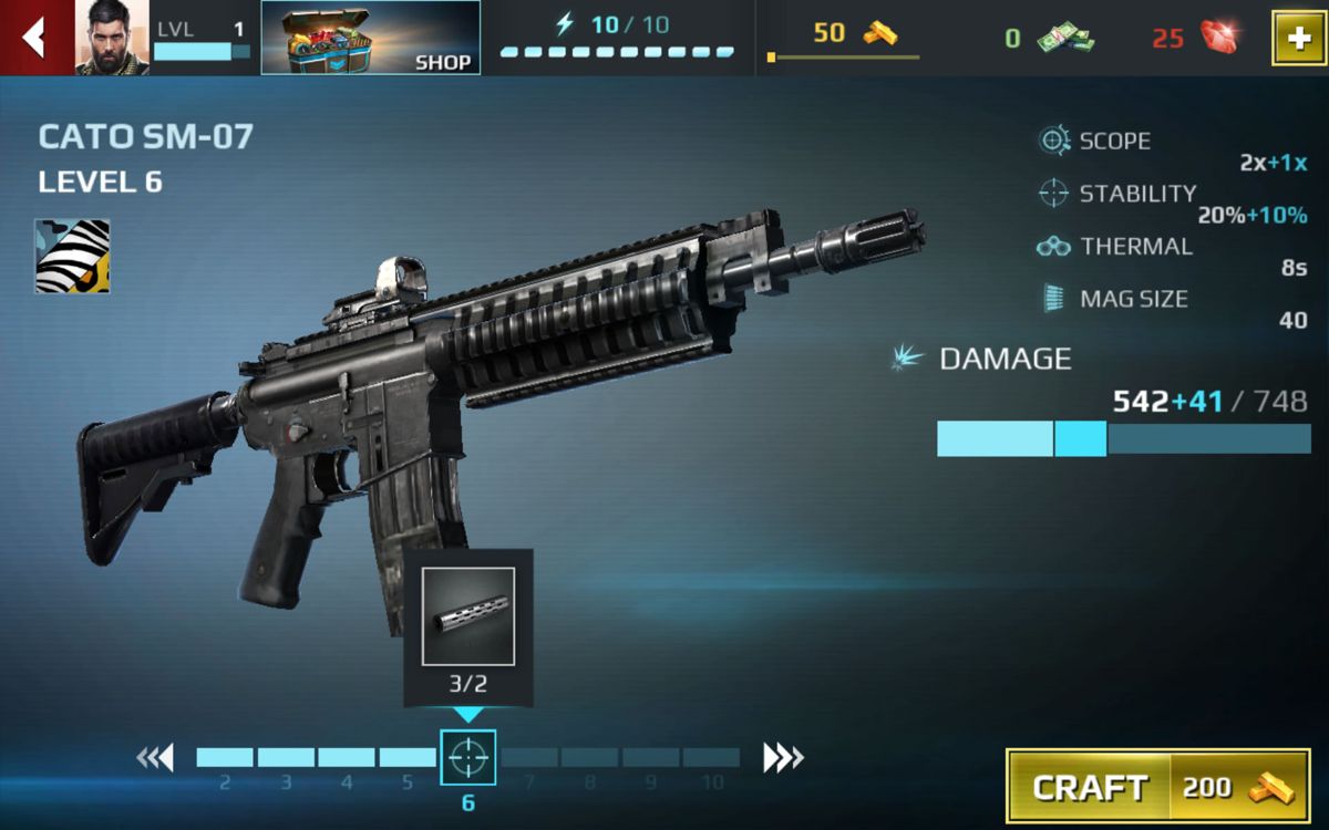 Sniper Fury (Android) screenshot: The weapon screen where you can buy, upgrade, craft and customize.