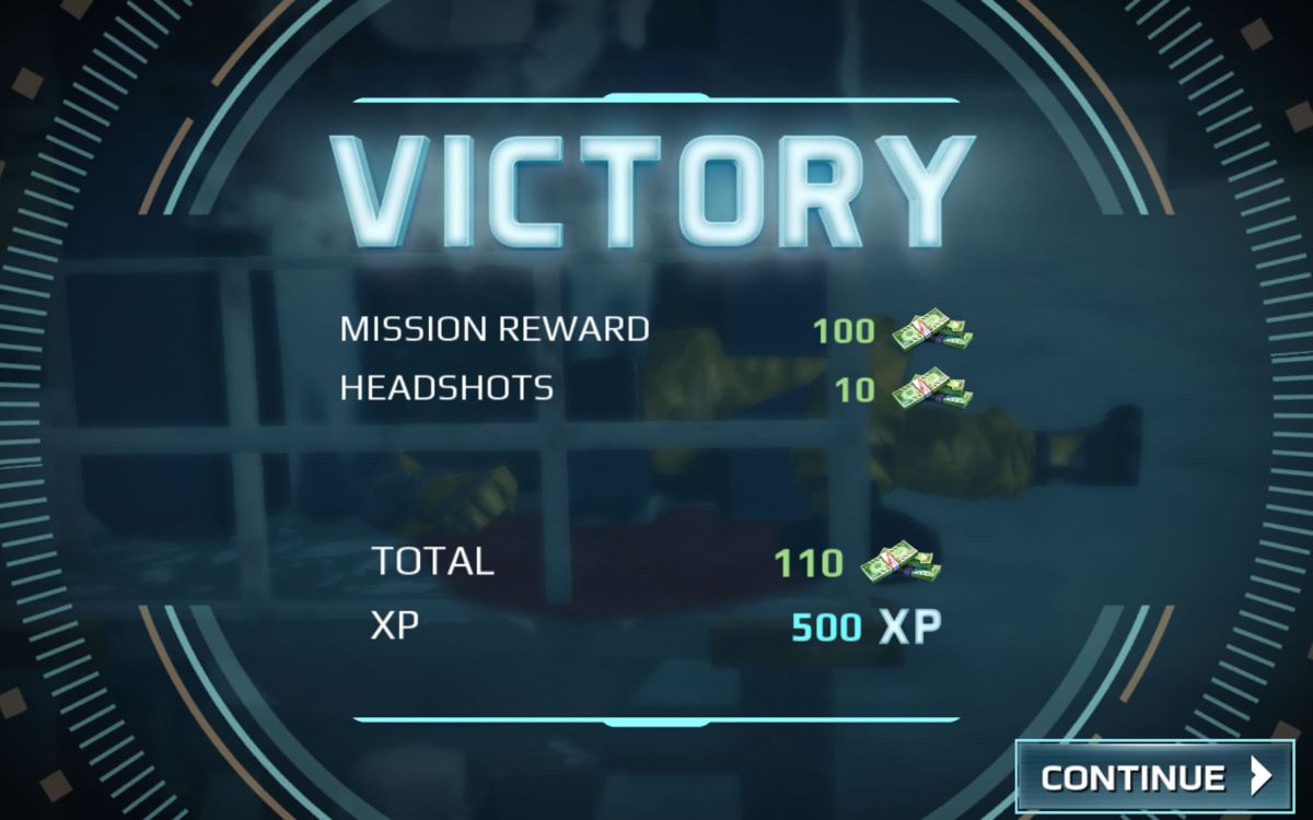 Sniper Fury (Android) screenshot: Rewards after completing a mission.