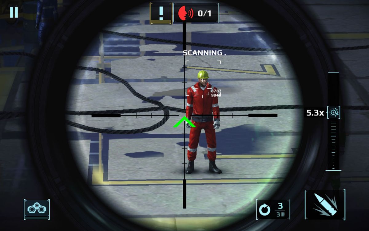 Sniper Fury (Android) screenshot: Zoom and keep the cross-hairs on someone to scan and identify.