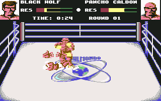3D World Boxing (Commodore 64) screenshot: Down for the count