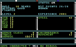 Champions of Krynn (Commodore 64) screenshot: Rolling a character's stats