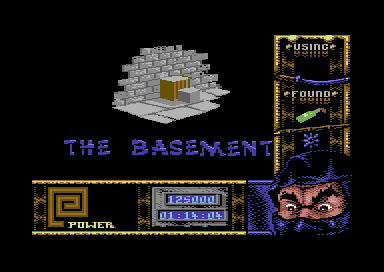 Ninja Remix (Commodore 64) screenshot: Level 4, "The Basement": Title screen level.<br>