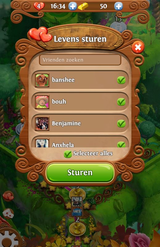 Blossom Blast Saga (Android) screenshot: Send lives to random people or friends. The game also shows when you scored more points than others (Dutch version).