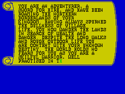 The Forest of Doom (ZX Spectrum) screenshot: The game starts with the story and it goes on a bit. Basically the player is a hero who kills bad guys & monsters. A dying dwarf asks you to retrieve some runes so you take his money & map and set off
