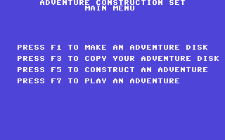 Stuart Smith's Adventure Construction Set (Commodore 64) screenshot: Main Menu