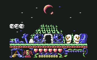 The Addams Family (Commodore 64) screenshot: Skulls are one of the first enemies you will encounter