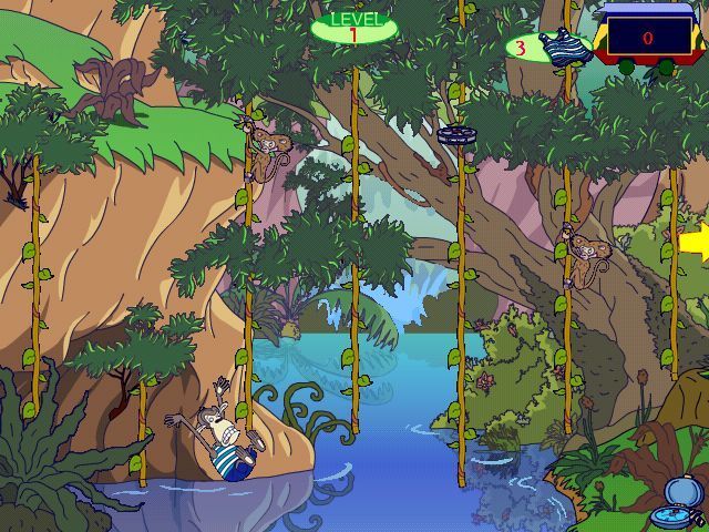 The Wild Thornberrys: Rambler (Windows) screenshot: Another Vine Mess<br>Any contact with another monkey drops Darwin in the water and costs a life. Film canisters like the one in the upper right score bonus points