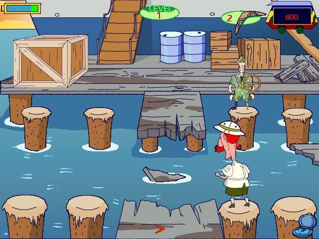 The Wild Thornberrys: Rambler (Windows) screenshot: Nigel's Boomerang Tango<br>The mouse aims Nigel's boomerang, remember to aim at the hat<br>Left/Right arrows move Nigel. The red boomerang in the centre gives an extra life