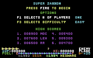 Super Zaxxon (Commodore 64) screenshot: Options and scores (Hesware tape/disk version)