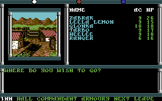 Champions of Krynn (Commodore 64) screenshot: Town menu