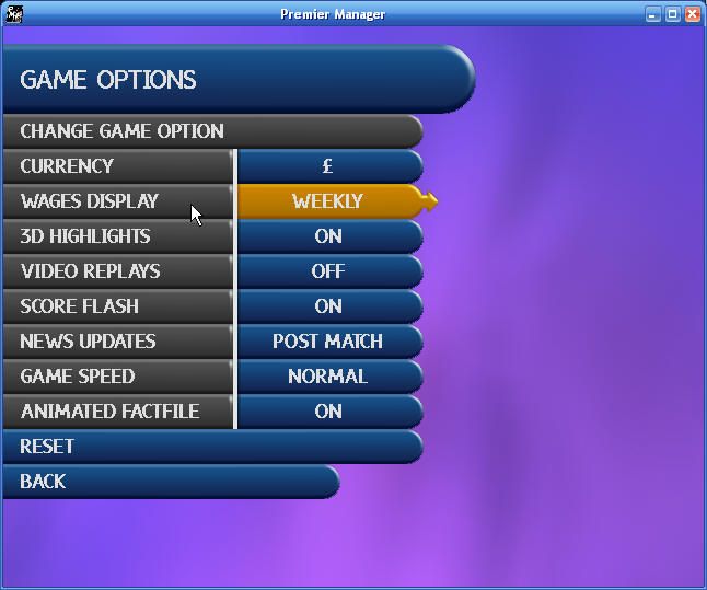 Premier Manager: 2002/2003 Season (Windows) screenshot: Game options. They can be changed during the game itself.