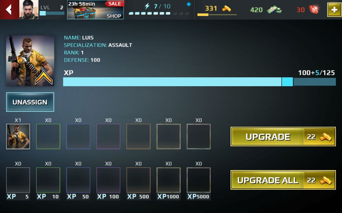 Sniper Fury (Android) screenshot: With tokens you can train the squad mates.