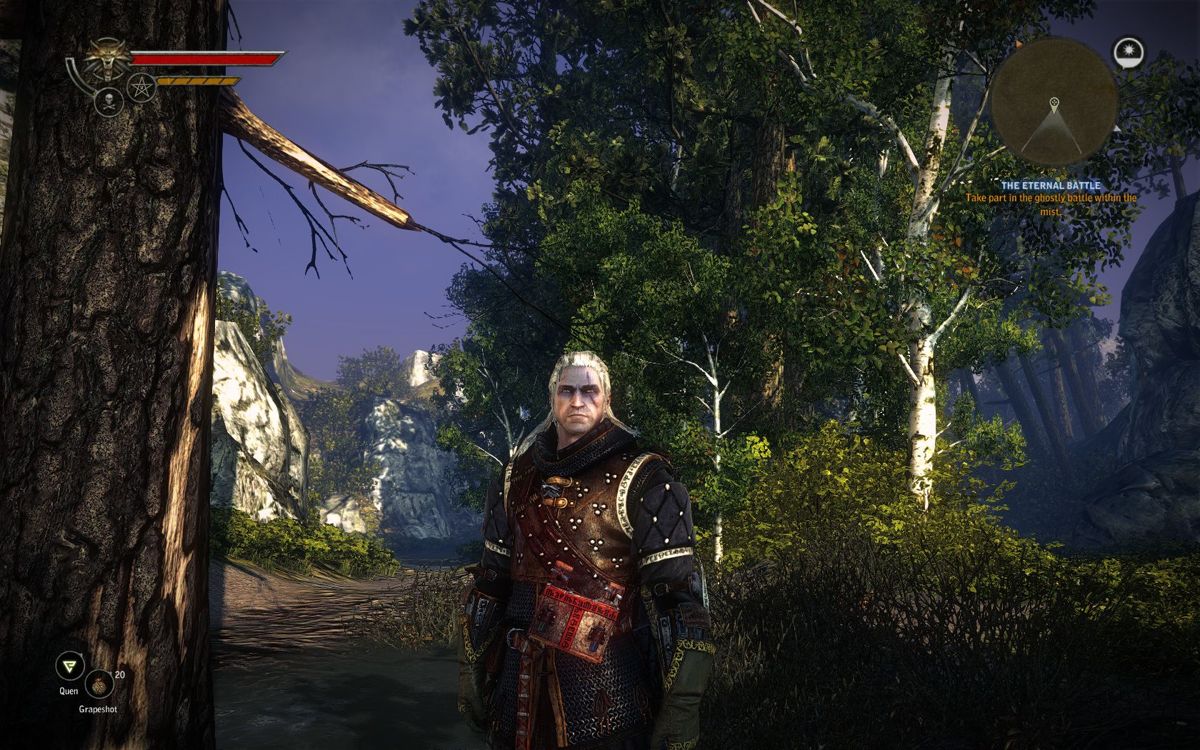The Witcher 2: Assassins of Kings (Windows) screenshot: Geralt is posing in front of birch trees. Ahh, the nostalgia, the nostalgia!..