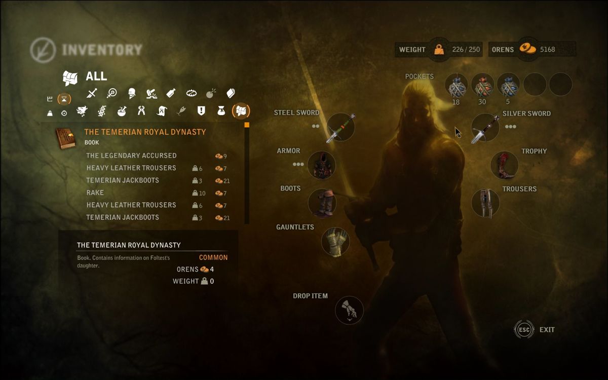 The Witcher 2: Assassins of Kings (Windows) screenshot: Inventory. Certainly expanded from the times of the first Witcher, isn't it?..