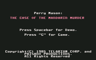 Perry Mason: The Case of the Mandarin Murder (Commodore 64) screenshot: Main menu