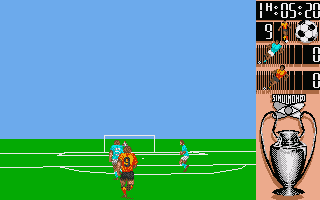 I Play: 3-D Soccer (Atari ST) screenshot: I shoot, but the goal keeper saves