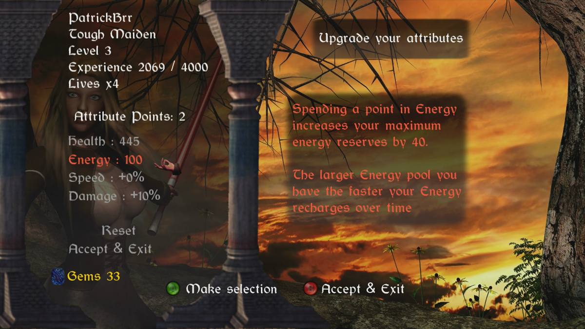 When Maidens Attack (Xbox 360) screenshot: Character upgrade menu (Trial version)