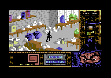 Ninja Remix (Commodore 64) screenshot: Level 4, "The Basement": Despair - Peppered Chicken.<br> (That piece of chicken tempered with a mysterious substance is not meant to be consumed...)