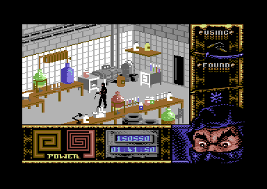 Ninja Remix (Commodore 64) screenshot: Level 4, "The Basement": Intriguing Laboratory.<br> - Something strange is happening here...