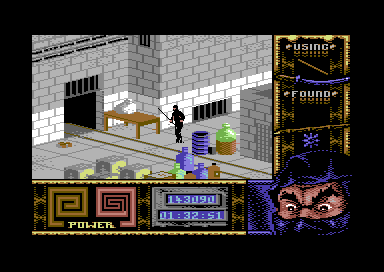 Ninja Remix (Commodore 64) screenshot: Level 4, "The Basement": Electric Trails.<br> (<i>Armakuni</i>, imagine you are playing jumping the rope with the girls...)