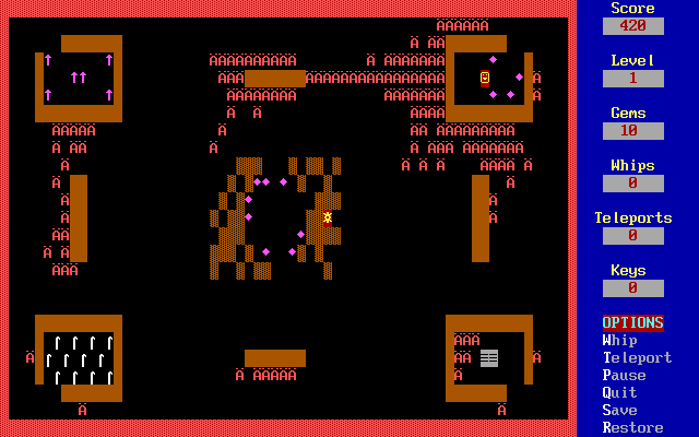 Dungeons of Kroz (DOS) screenshot: OK... they're blocked by these solid walls. Now, how do I get past the mob to the stairs?