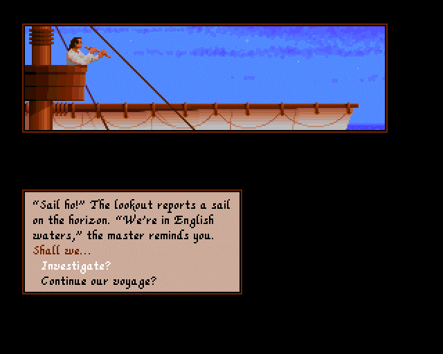 Sid Meier's Pirates! (Amiga) screenshot: The lookout spots a ship